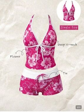 SHEIN Pink Floral Deep V-Neck Tankini Top with Hipster Shorts